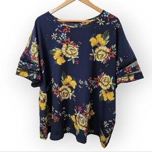 Emery Rose Navy Blue Floral Short Sleeve Tops with Sheer Stripes Size 3XL